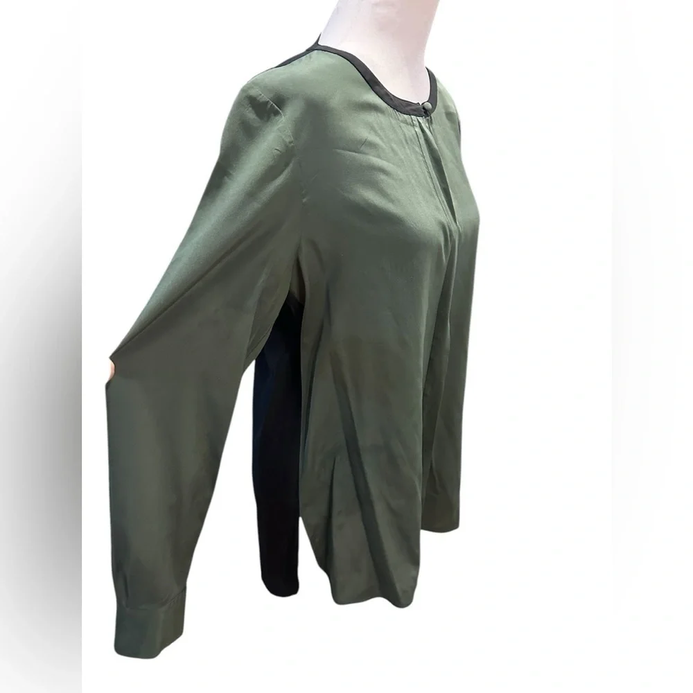 Tory Burch Chic Olive Green Blouse with Black Trim size 10